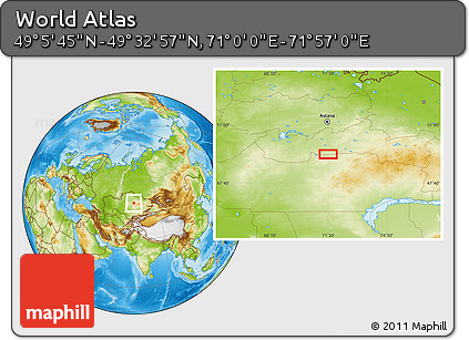 Physical Location Map of the Area around 49° 19' 21" N, 71° 28' 29" E