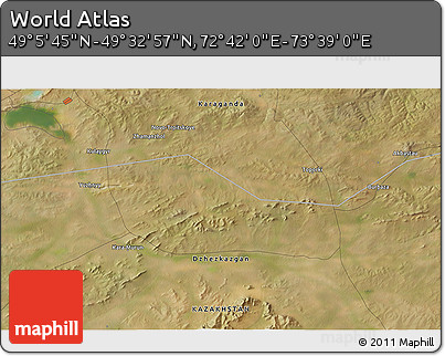 Satellite 3D Map of the Area around 49° 19' 21" N, 73° 10' 30" E