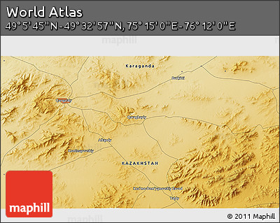 Physical 3D Map of the Area around 49° 19' 21" N, 75° 43' 29" E