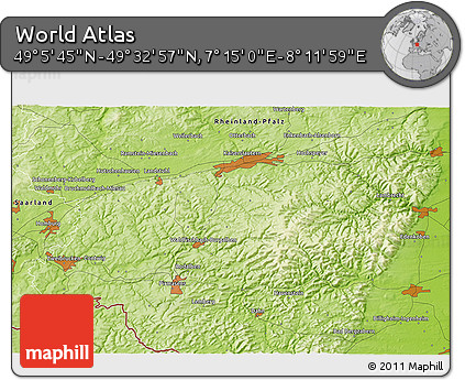 Physical 3D Map of the Area around 49° 19' 21" N, 7° 43' 29" E