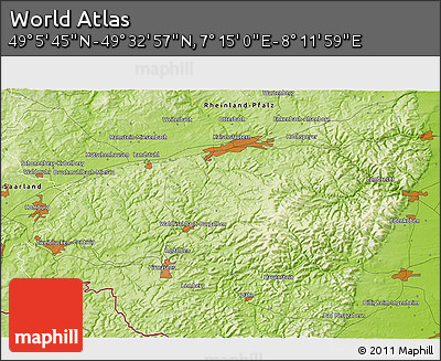 Physical 3D Map of the Area around 49° 19' 21" N, 7° 43' 29" E