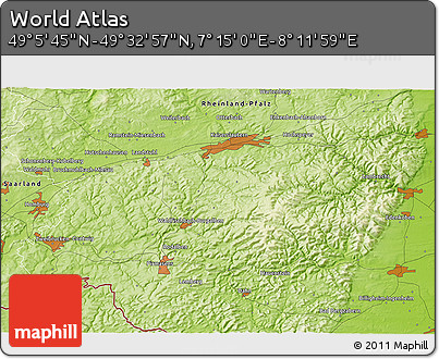 Physical 3D Map of the Area around 49° 19' 21" N, 7° 43' 29" E