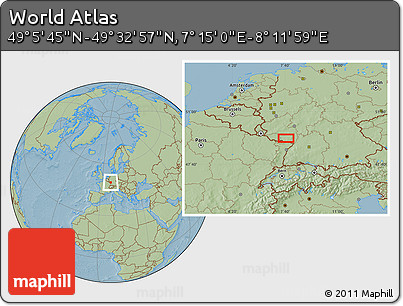 Savanna Style Location Map of the Area around 49° 19' 21" N, 7° 43' 29" E, hill shading