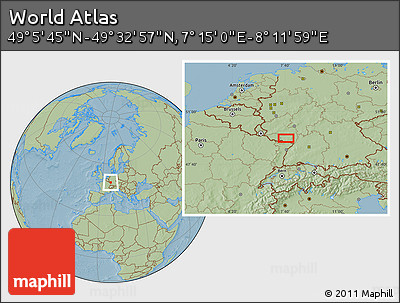 Savanna Style Location Map of the Area around 49° 19' 21" N, 7° 43' 29" E, hill shading