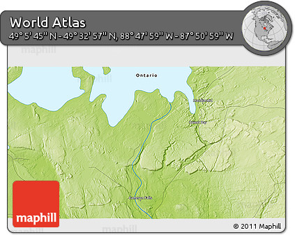 Physical 3D Map of the Area around 49° 19' 21" N, 88° 19' 29" W
