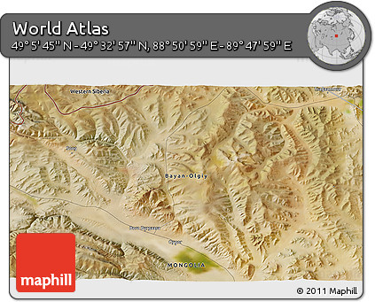 Satellite 3D Map of the Area around 49° 19' 21" N, 89° 19' 29" E