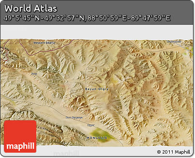 Satellite 3D Map of the Area around 49° 19' 21" N, 89° 19' 29" E