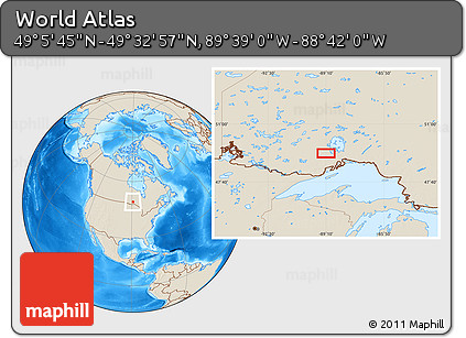 Shaded Relief Location Map of the Area around 49° 19' 21" N, 89° 10' 30" W