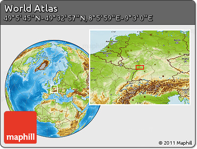 Physical Location Map of the Area around 49° 19' 21" N, 8° 34' 29" E