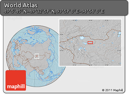 Gray Location Map of the Area around 49° 19' 21" N, 94° 25' 30" E, hill shading