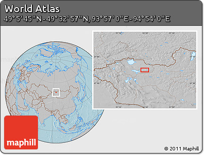 Gray Location Map of the Area around 49° 19' 21" N, 94° 25' 30" E, hill shading