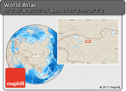 Shaded Relief Location Map of the Area around 49° 19' 21" N, 95° 16' 30" E