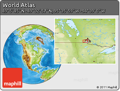 Physical Location Map of the Area around 49° 19' 21" N, 95° 7' 30" W