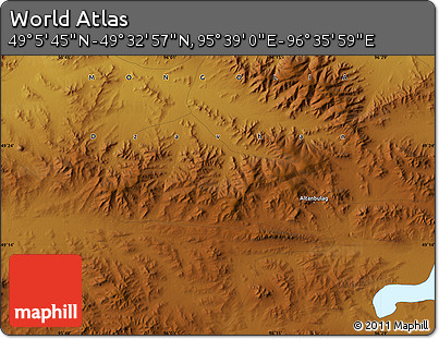 Physical Map of the Area around 49° 19' 21" N, 96° 7' 30" E