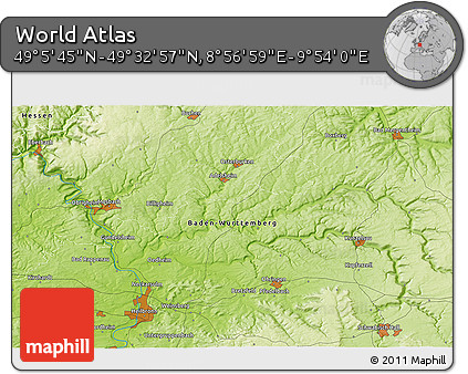 Physical 3D Map of the Area around 49° 19' 21" N, 9° 25' 30" E