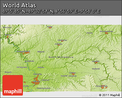 Physical 3D Map of the Area around 49° 19' 21" N, 9° 25' 30" E