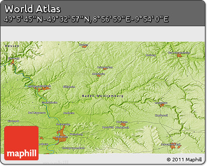 Physical 3D Map of the Area around 49° 19' 21" N, 9° 25' 30" E