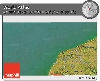 Satellite 3D Map of the Area around 49° 43' 37" N, 0° 4' 30" E