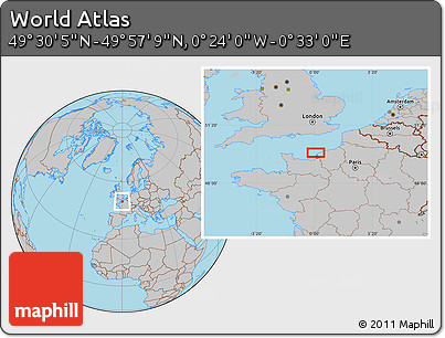 Gray Location Map of the Area around 49° 43' 37" N, 0° 4' 30" E