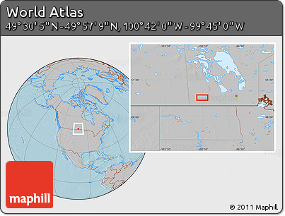 Gray Location Map of the Area around 49° 43' 37" N, 100° 13' 29" W, hill shading