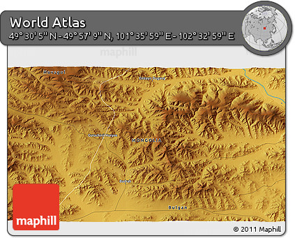 Physical 3D Map of the Area around 49° 43' 37" N, 102° 4' 29" E