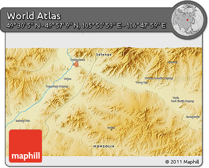 Physical 3D Map of the Area around 49° 43' 37" N, 106° 19' 29" E