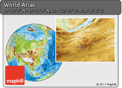 Physical Location Map of the Area around 49° 43' 37" N, 108° 1' 30" E