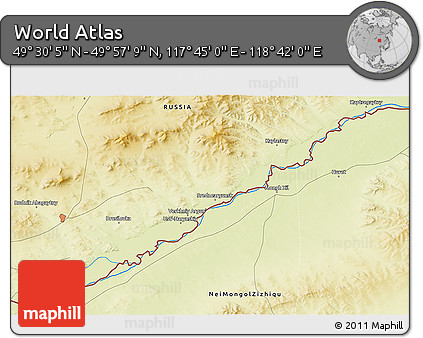 Physical 3D Map of the Area around 49° 43' 37" N, 118° 13' 29" E