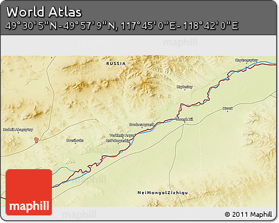 Physical 3D Map of the Area around 49° 43' 37" N, 118° 13' 29" E
