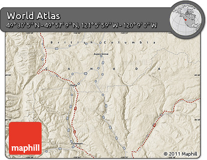 Shaded Relief Map of the Area around 49° 43' 37" N, 120° 37' 30" W