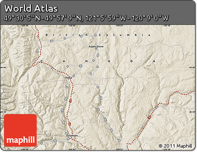 Shaded Relief Map of the Area around 49° 43' 37" N, 120° 37' 30" W