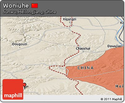Shaded Relief Panoramic Map of Woniuhe