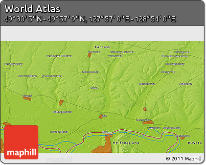 Physical 3D Map of the Area around 49° 43' 37" N, 128° 25' 30" E