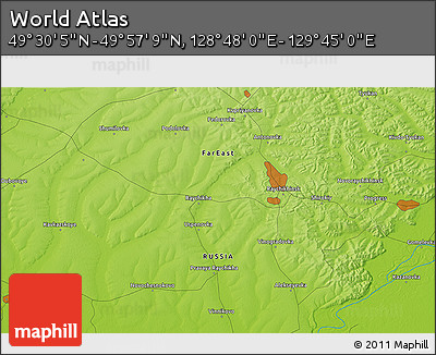 Physical 3D Map of the Area around 49° 43' 37" N, 129° 16' 30" E