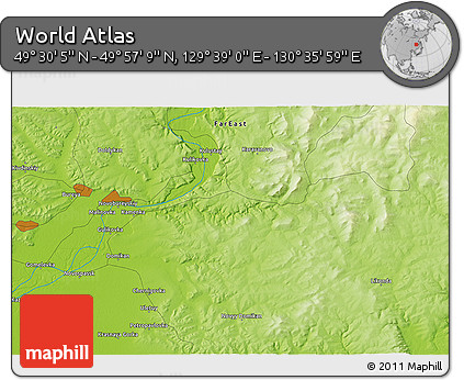 Physical 3D Map of the Area around 49° 43' 37" N, 130° 7' 30" E