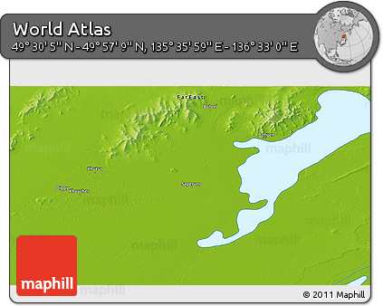 Physical 3D Map of the Area around 49° 43' 37" N, 136° 4' 29" E