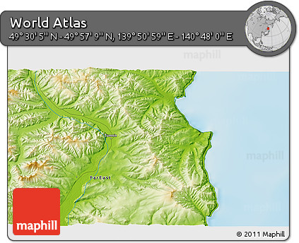 Physical 3D Map of the Area around 49° 43' 37" N, 140° 19' 29" E