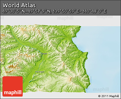 Physical 3D Map of the Area around 49° 43' 37" N, 140° 19' 29" E