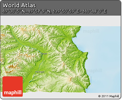 Physical 3D Map of the Area around 49° 43' 37" N, 140° 19' 29" E