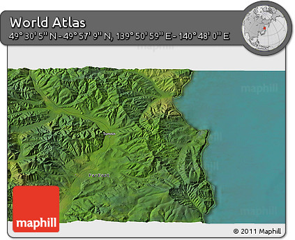 Satellite 3D Map of the Area around 49° 43' 37" N, 140° 19' 29" E