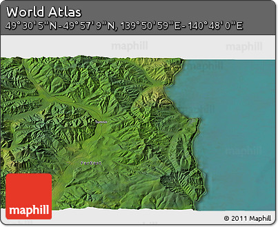 Satellite 3D Map of the Area around 49° 43' 37" N, 140° 19' 29" E