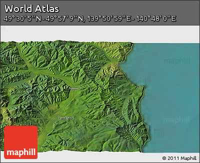 Satellite 3D Map of the Area around 49° 43' 37" N, 140° 19' 29" E