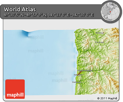 Physical 3D Map of the Area around 49° 43' 37" N, 142° 1' 30" E