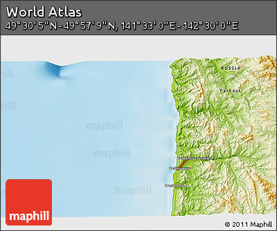 Physical 3D Map of the Area around 49° 43' 37" N, 142° 1' 30" E
