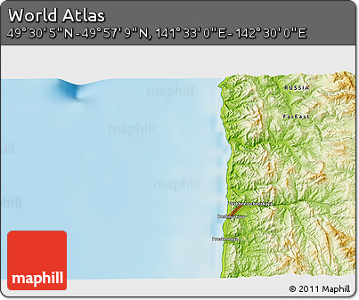 Physical 3D Map of the Area around 49° 43' 37" N, 142° 1' 30" E