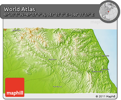 Physical 3D Map of the Area around 49° 43' 37" N, 143° 43' 29" E