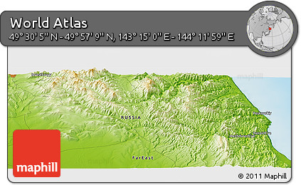 Physical Panoramic Map of the Area around 49° 43' 37" N, 143° 43' 29" E