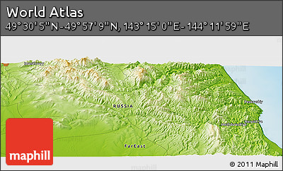 Physical Panoramic Map of the Area around 49° 43' 37" N, 143° 43' 29" E