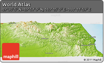 Physical Panoramic Map of the Area around 49° 43' 37" N, 143° 43' 29" E