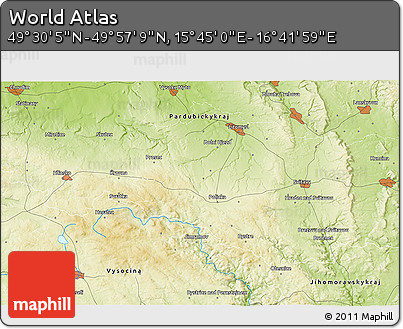 Physical 3D Map of the Area around 49° 43' 37" N, 16° 13' 30" E